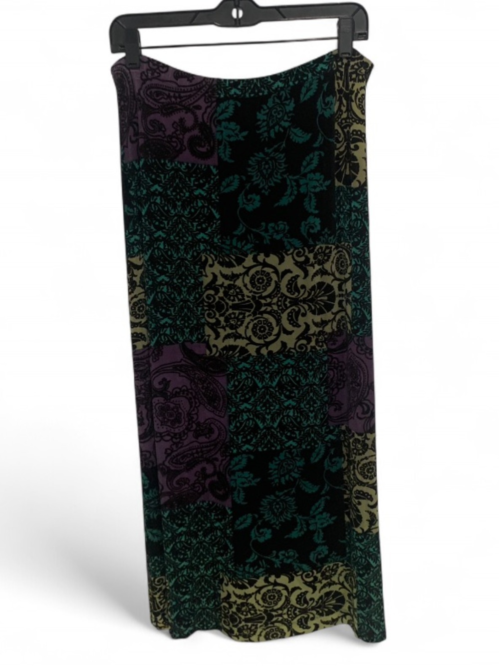 Printed Patchwork Midi Skirt in Teal, Purple, Olive